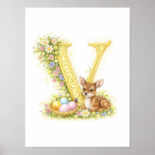 Affiche Lettre de maternelle V Faon bébé initiale or flora