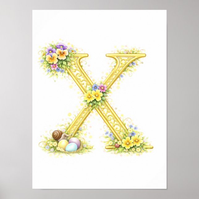 Affiche Lettre de maternelle X Bébé escargot initiale or f (Devant)