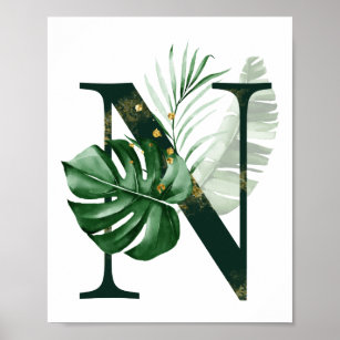 Affiche Lettre décorative N avec feuilles tropicaux