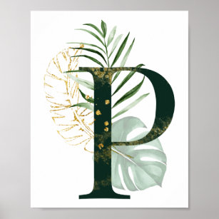 Affiche Lettre décorative P avec feuilles tropicaux