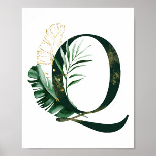 Affiche Lettre décorative Q avec feuilles tropicaux
