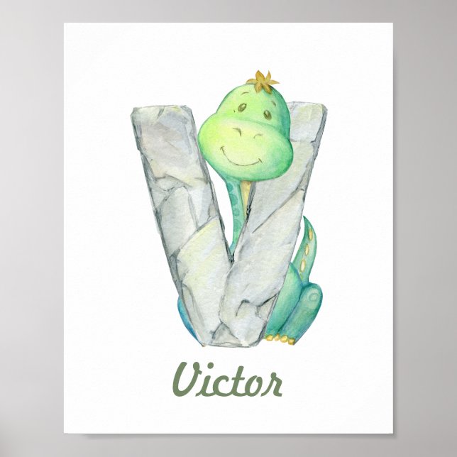 Affiche Lettre Dinosaure Cute Décor Baby personnalisée V (Devant)