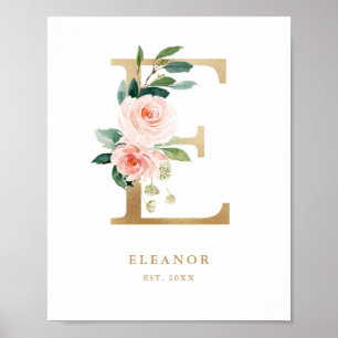 Affiche Lettre E Blush Floral Monogram Gold Foil Nursery