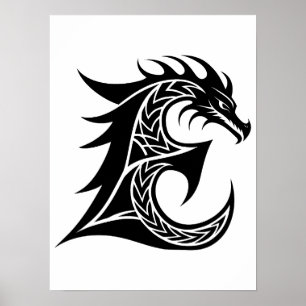 Affiche Lettre E de style dragon, alphabet du dragon, mono