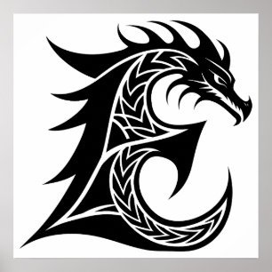 Affiche Lettre E de style dragon, alphabet du dragon, mono