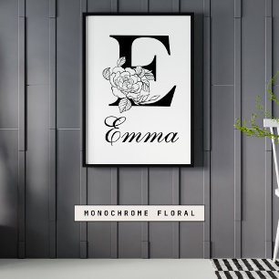 Affiche Lettre E Floral Moderne Noir Monogram Nursery
