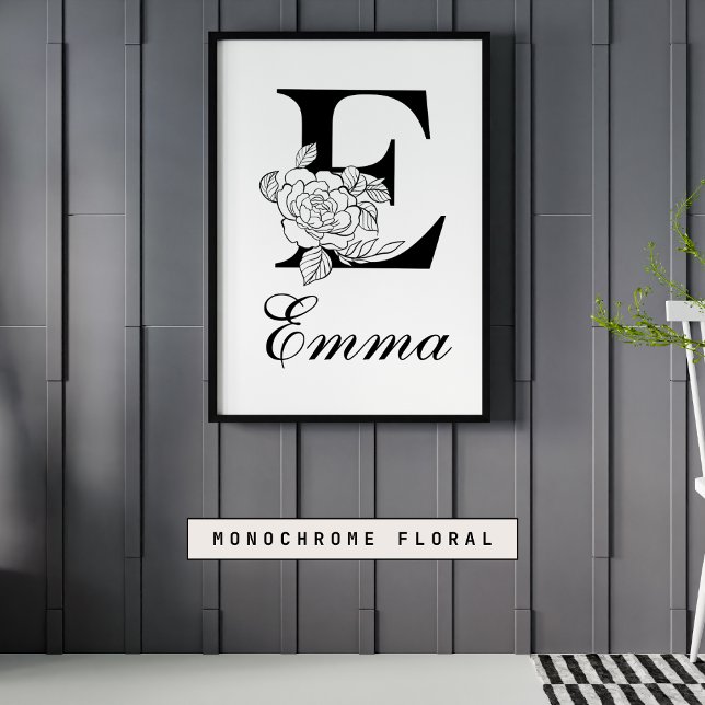 Affiche Lettre E Floral Moderne Noir Monogram Nursery (Créateur téléchargé)