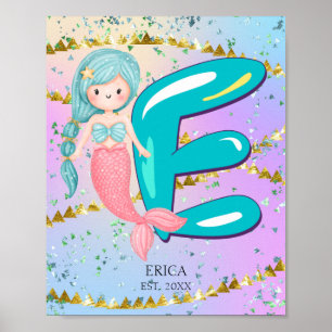 Affiche Lettre E Monogramme Aquarelle mignonne Sirène