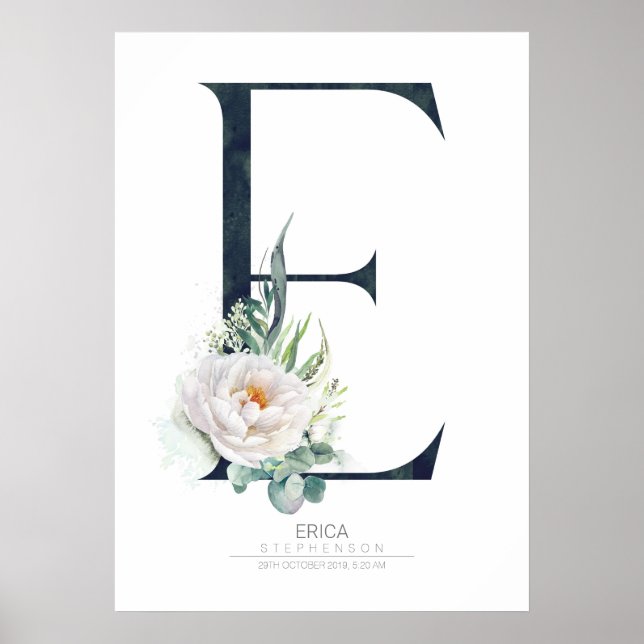 Affiche Lettre E Monogramme Fleurs Blanches et Feuillage (Devant)