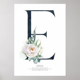 Affiche Lettre E Monogramme Fleurs blanches et verdure