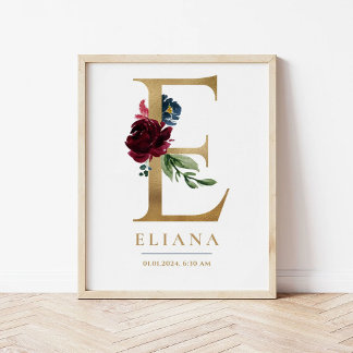 Affiche Lettre E Monogramme Nom Marsala Floral Nursery