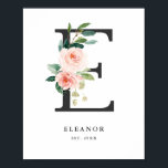 Affiche Lettre E Monogramme Peach Florals Peach Nursery<br><div class="desc">Lettre E Monogram Peach Florals Poster de pépinière. Elégante et féminine lettre E monogramme avec fleurs d'aquarelle et bouquet de verdure. Ce sera un accent personnalisé parfait pour les crèches,  chambres et autres espaces.</div>