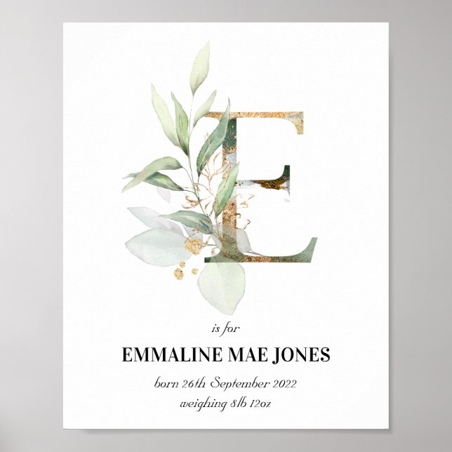 Affiche Lettre E Nouveau bébé Monogramme Naissance Imprime (Devant)
