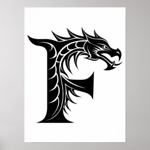Affiche Lettre F de style dragon, alphabet du dragon, mono