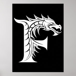 Affiche Lettre F de style dragon, alphabet du dragon, mono