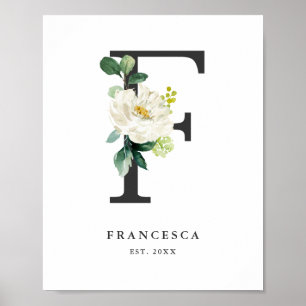 Affiche Lettre F Monogram White Peonies Nursery