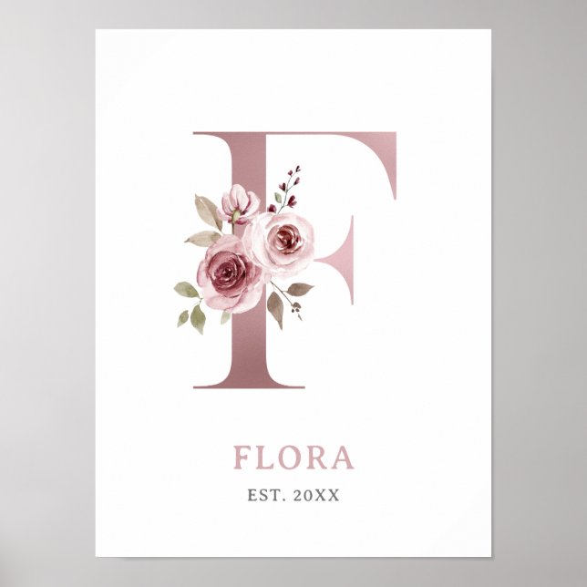 Affiche Lettre F Monogramme Aquarelle Rose Florals Nursery (Devant)