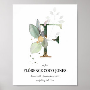 Affiche Lettre F Nouveau bébé Monogramme Naissance Imprime