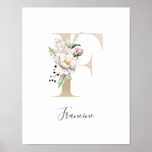 Affiche Lettre F Or Fleurie Rose Blanc Nursery 
