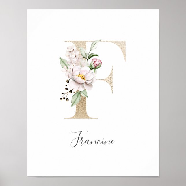 Affiche Lettre F Or Fleurie Rose Blanc Nursery  (Devant)