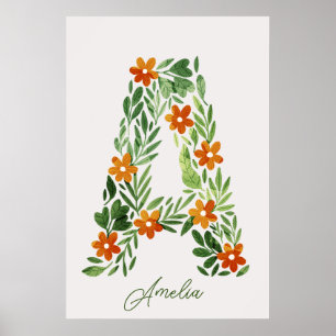Affiche Lettre florale A personnalisée avec fleurs orange
