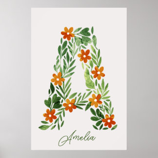 Affiche Lettre florale A personnalisée avec fleurs orange