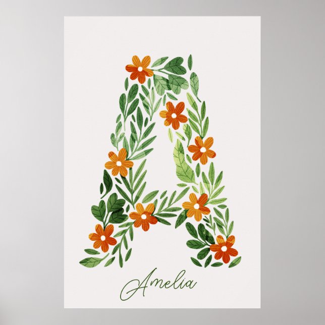 Affiche Lettre florale A personnalisée avec fleurs orange (Devant)