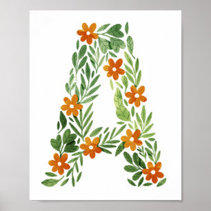 Affiche Lettre florale A personnalisée avec fleurs orange