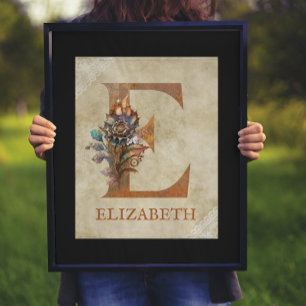Affiche LETTRE Florale E Steampunk