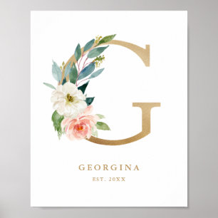 Affiche Lettre G Blush Floral Monogram Gold Foil Nursery