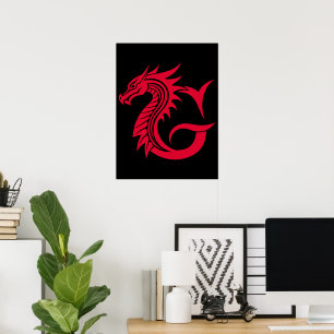 Affiche Lettre G de style dragon, alphabet du dragon, mono