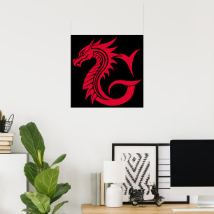 Affiche Lettre G de style dragon, alphabet du dragon, mono