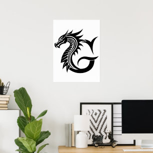 Affiche Lettre G de style dragon, alphabet du dragon, mono