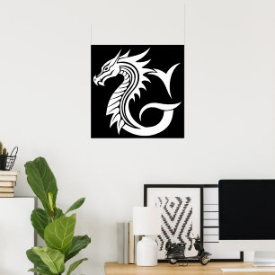 Affiche Lettre G de style dragon, alphabet du dragon, mono