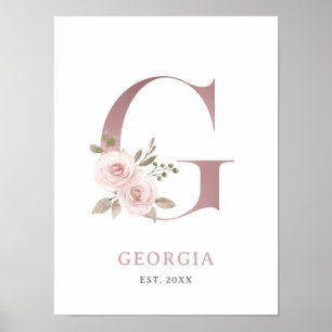 Affiche Lettre G Monogramme Aquarelle Rose Florals Nursery