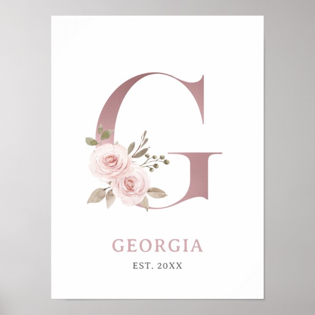 Affiche Lettre G Monogramme Aquarelle Rose Florals Nursery (Devant)