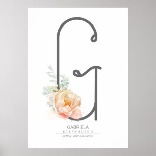 Affiche Lettre G Monogramme Brosse Pêche Florale Décor