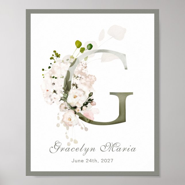 Affiche Lettre G Monogramme Rose Blanc Floral Nursery (Devant)