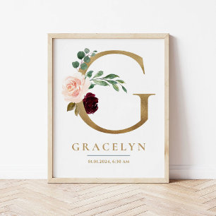 Affiche Lettre G Nom du monogramme Marsala Floral Nursery
