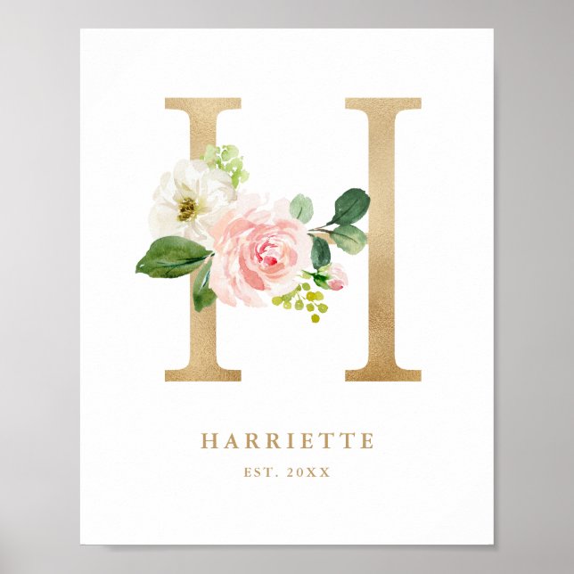 Affiche Lettre H Blush Floral Monogram Gold Foil Nursery (Devant)