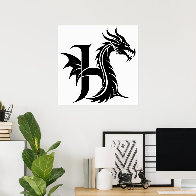 Affiche Lettre H de style dragon, alphabet dragon, monogra (Bureau à domicile)