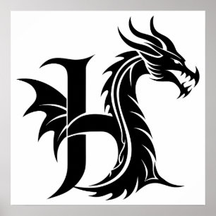 Affiche Lettre H de style dragon, alphabet dragon, monogra