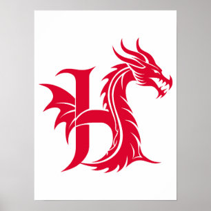 Affiche Lettre H de style dragon, alphabet du dragon, mono