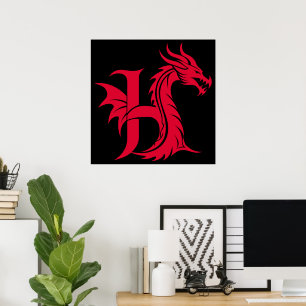 Affiche Lettre H de style dragon, alphabet du dragon, mono