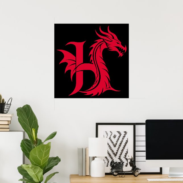 Affiche Lettre H de style dragon, alphabet du dragon, mono (Bureau à domicile)