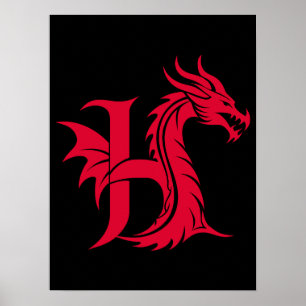 Affiche Lettre H de style dragon, alphabet du dragon, mono