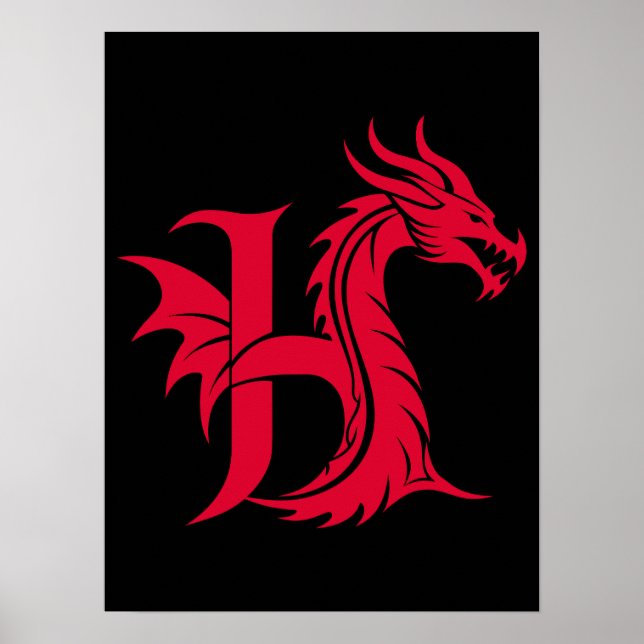 Affiche Lettre H de style dragon, alphabet du dragon, mono (Devant)