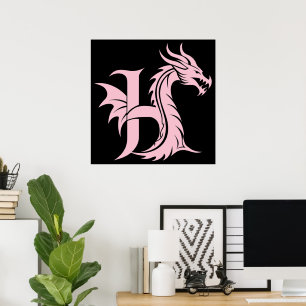 Affiche Lettre H de style dragon, alphabet du dragon, mono