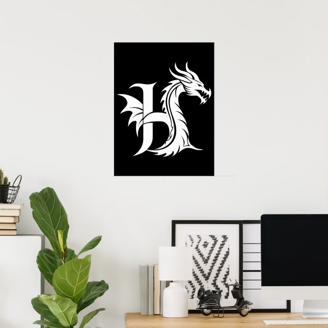 Affiche Lettre H de style dragon, alphabet du dragon, mono (Bureau à domicile)