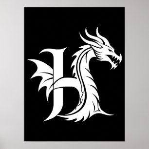 Affiche Lettre H de style dragon, alphabet du dragon, mono